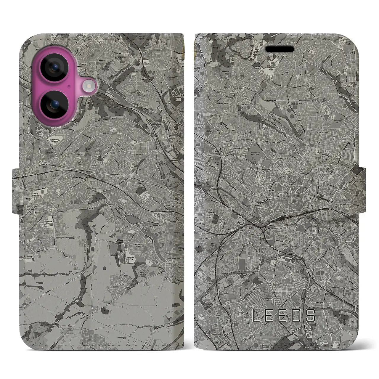 【リーズ(イギリス)】地図柄iPhoneケース(手帳タイプ)モノトーン・iPhone 16 Pro 用