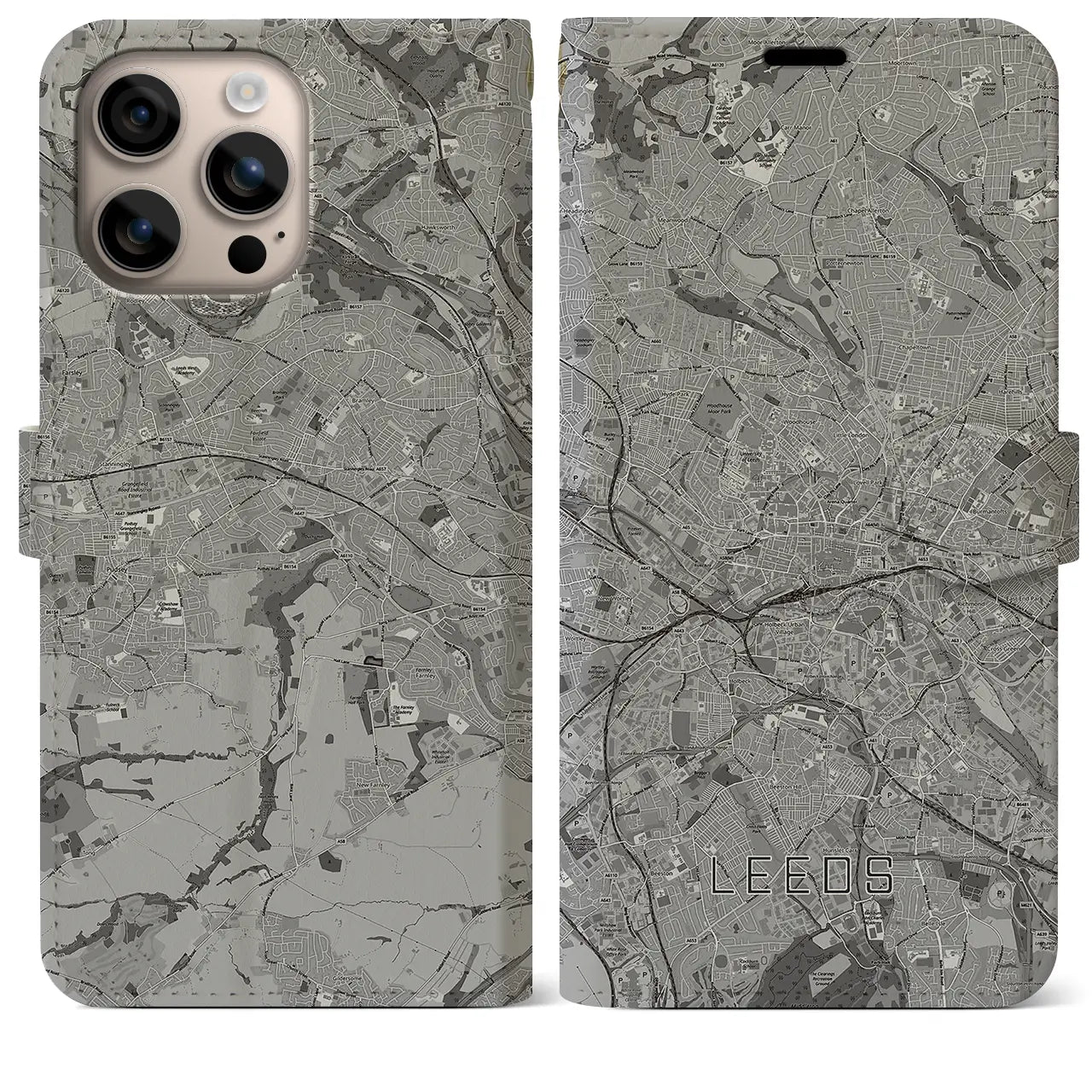 【リーズ(イギリス)】地図柄iPhoneケース(手帳タイプ)モノトーン・iPhone 16 Plus 用