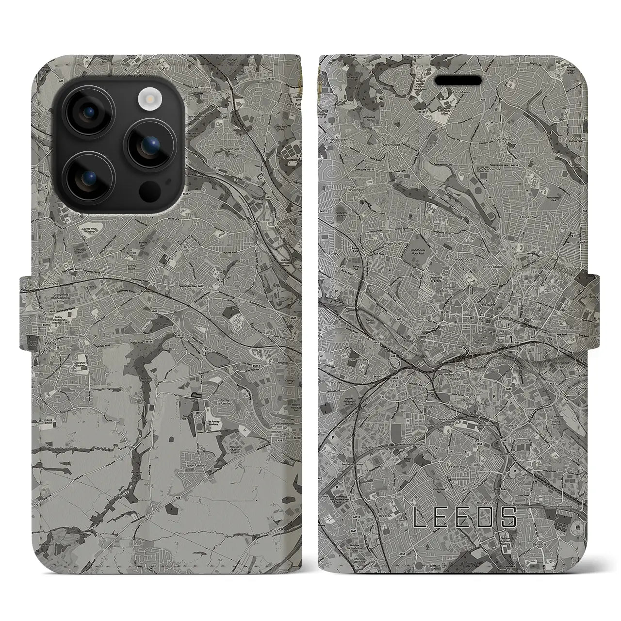【リーズ(イギリス)】地図柄iPhoneケース(手帳タイプ)モノトーン・iPhone 16 用