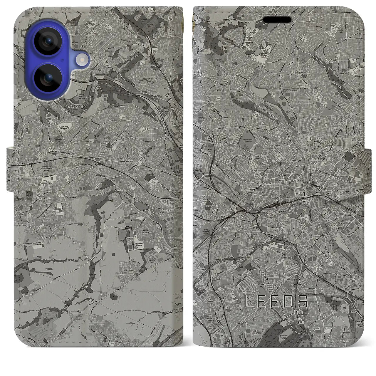 【リーズ(イギリス)】地図柄iPhoneケース(手帳タイプ)モノトーン・iPhone 16 Pro Max 用