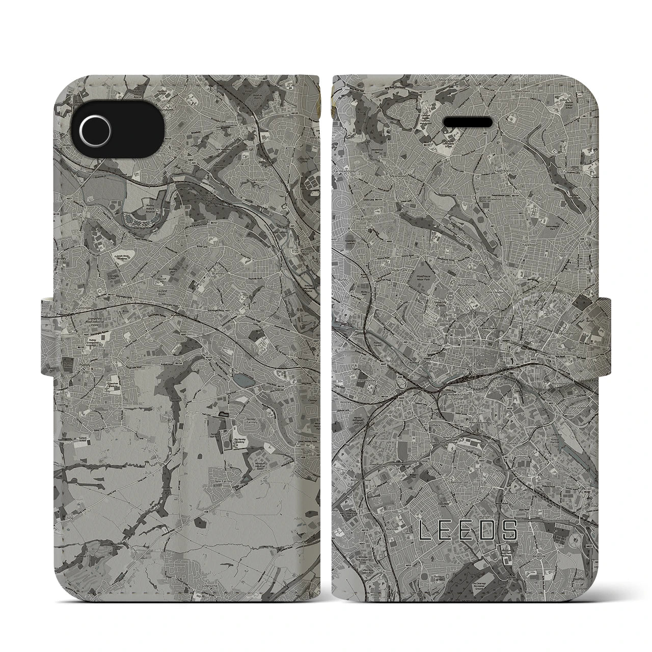 【リーズ(イギリス)】地図柄iPhoneケース(手帳タイプ)モノトーン・iPhone SE(第3 / 第2世代) / 8 / 7 / 6s / 6 用