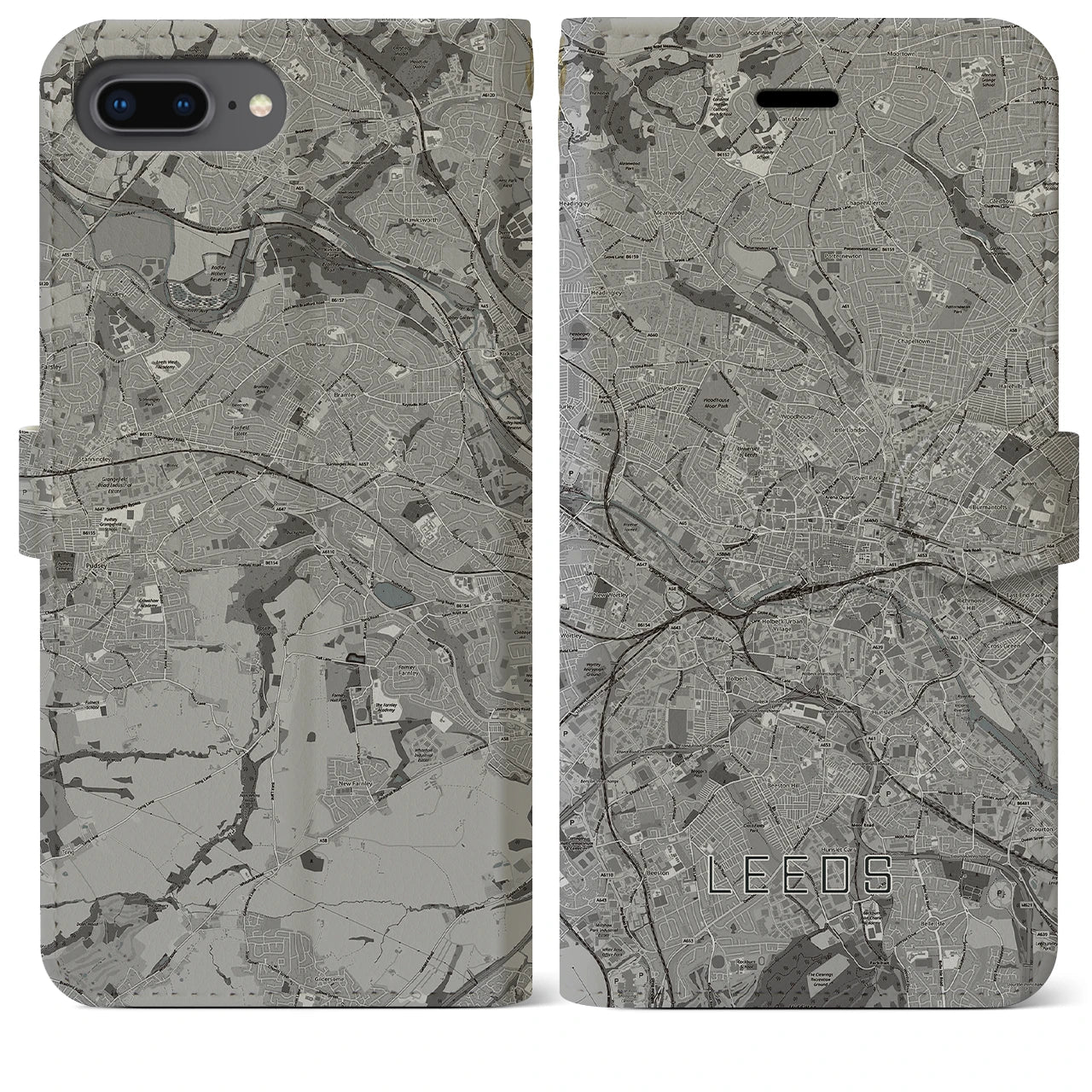 【リーズ(イギリス)】地図柄iPhoneケース(手帳タイプ)モノトーン・iPhone 8Plus /7Plus / 6sPlus / 6Plus 用