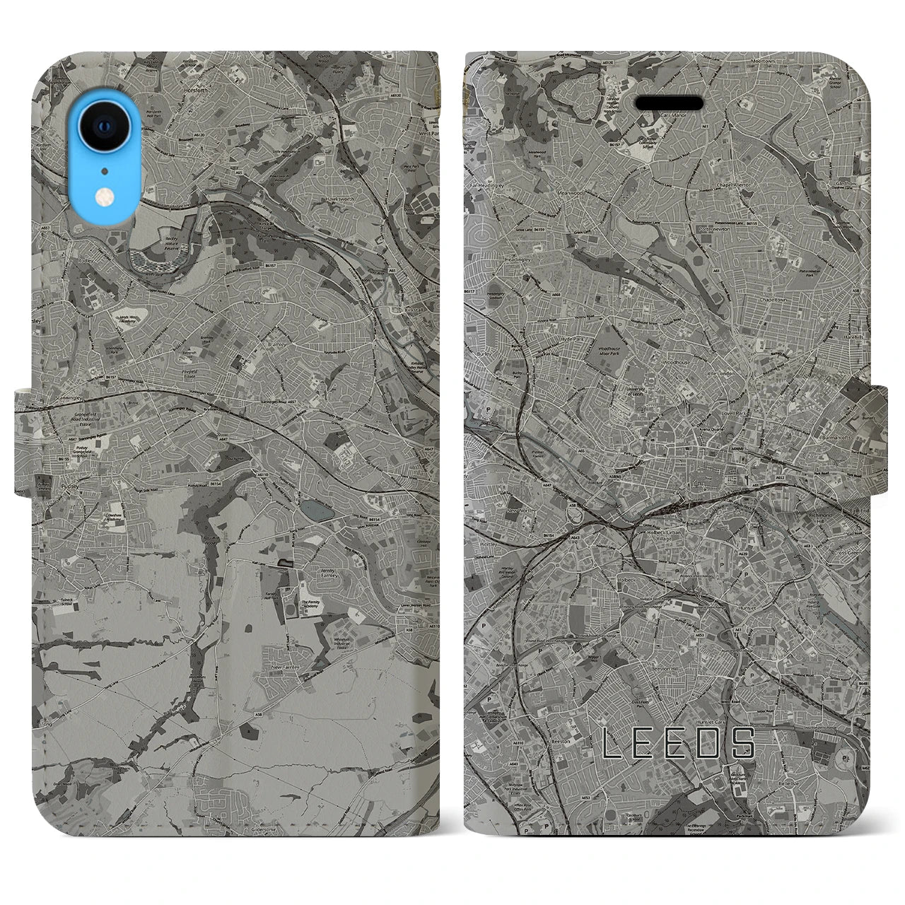 【リーズ(イギリス)】地図柄iPhoneケース(手帳タイプ)モノトーン・iPhone XR 用