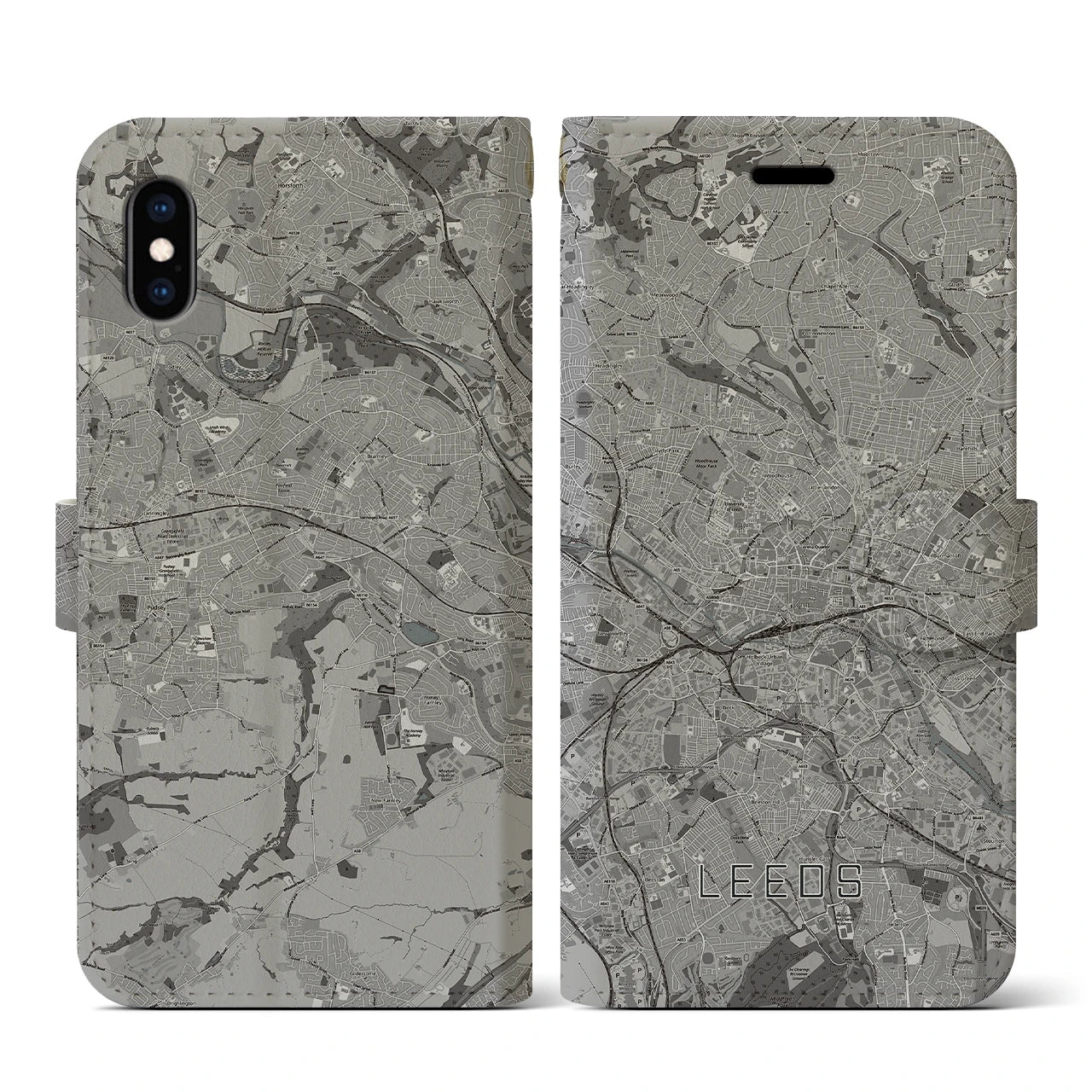 【リーズ(イギリス)】地図柄iPhoneケース(手帳タイプ)モノトーン・iPhone XS / X 用