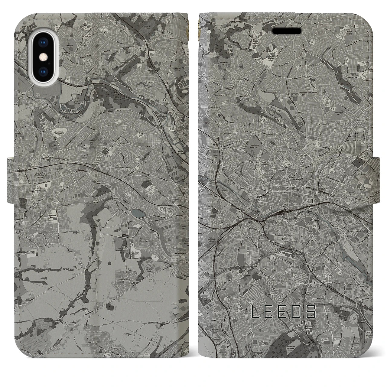 【リーズ(イギリス)】地図柄iPhoneケース(手帳タイプ)モノトーン・iPhone XS Max 用