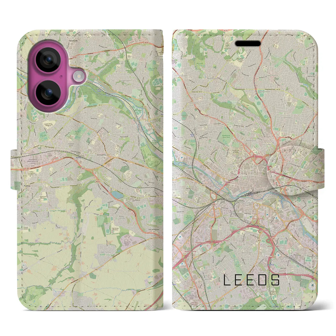 【リーズ(イギリス)】地図柄iPhoneケース(手帳タイプ)ナチュラル・iPhone 16 Pro 用
