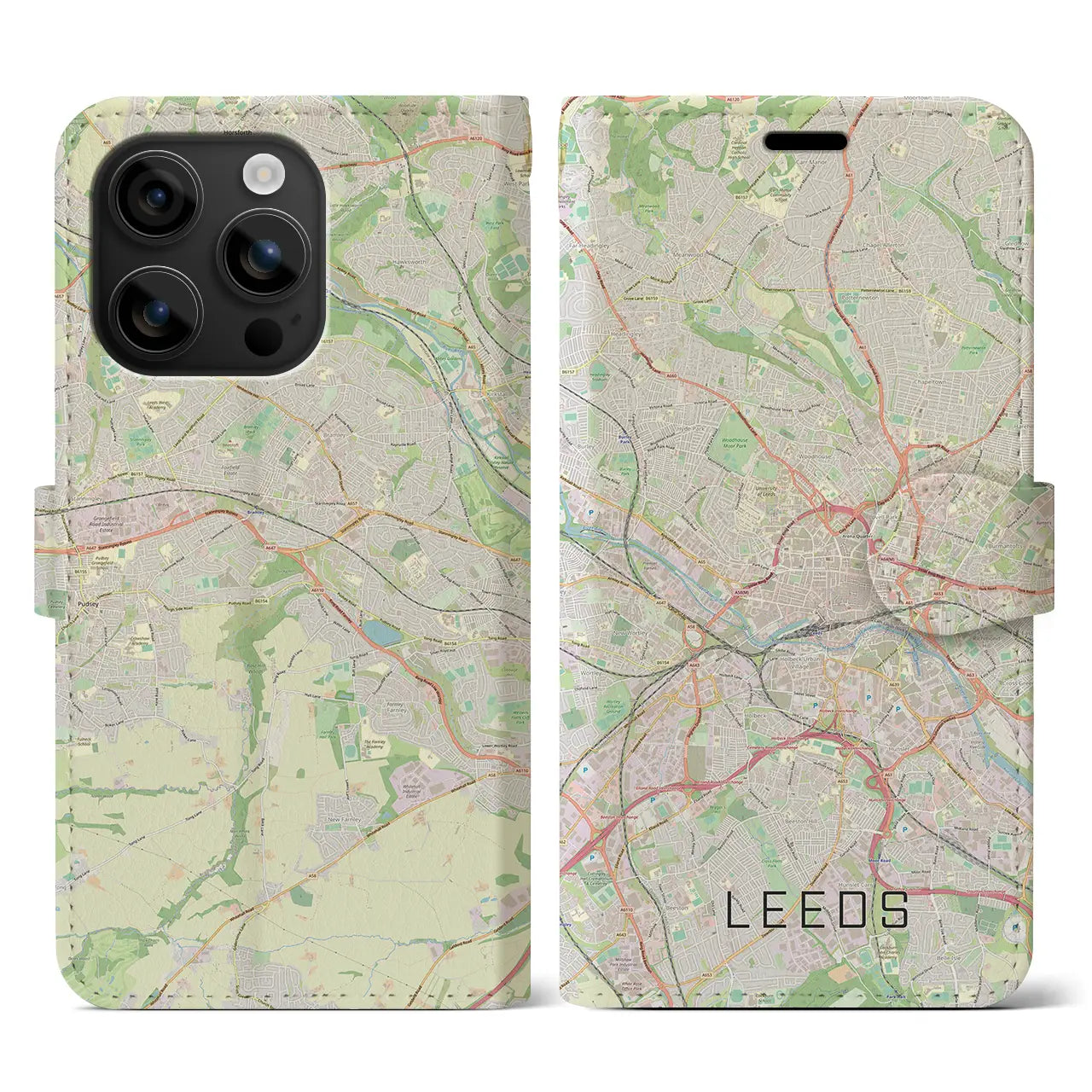 【リーズ(イギリス)】地図柄iPhoneケース(手帳タイプ)ナチュラル・iPhone 16 用