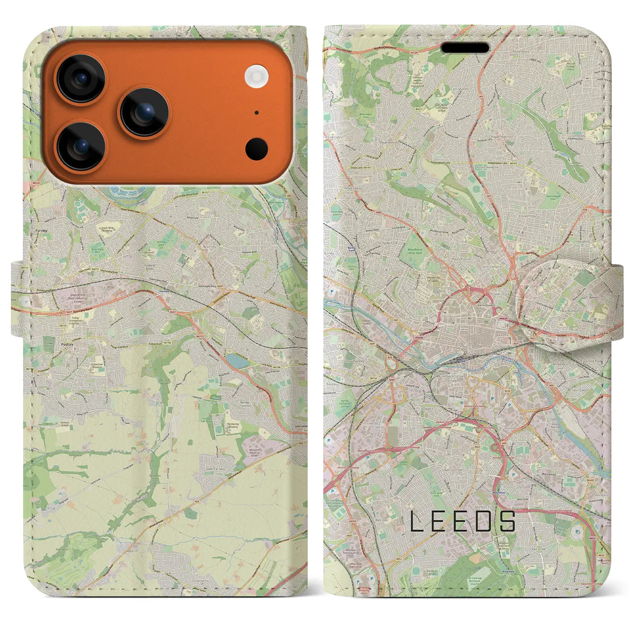 【リーズ(イギリス)】地図柄iPhoneケース(手帳タイプ)モノトーン・iPhone 17 Pro Max 用