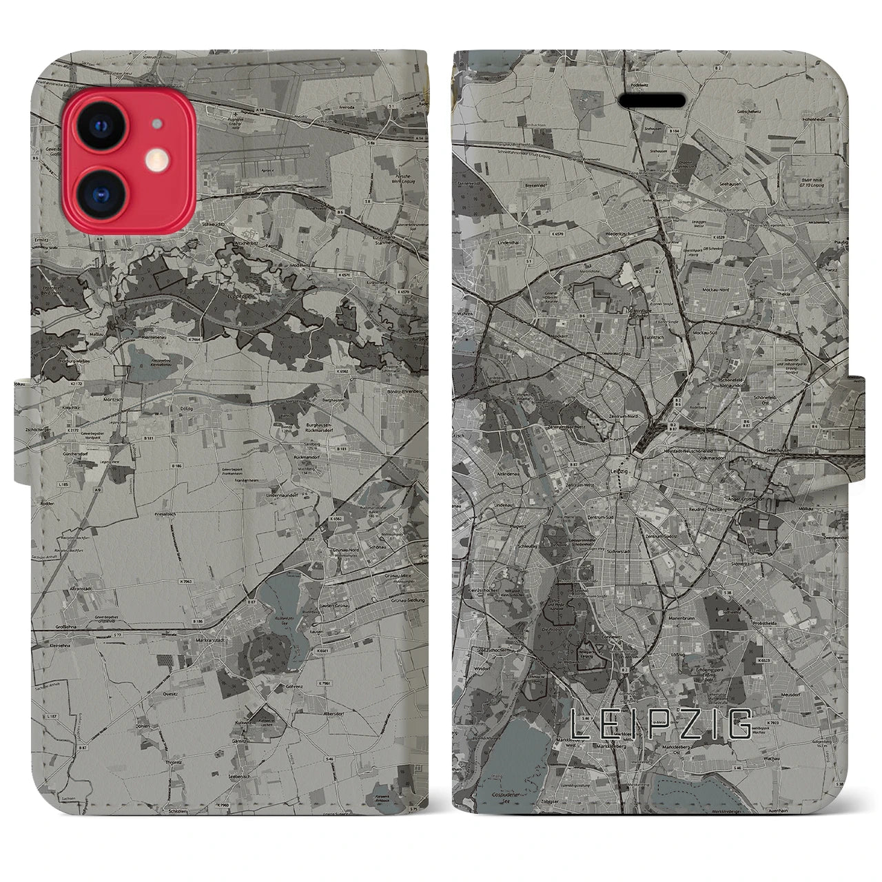 【ライプツィヒ(ドイツ)】地図柄iPhoneケース(手帳タイプ)モノトーン・iPhone 11 用