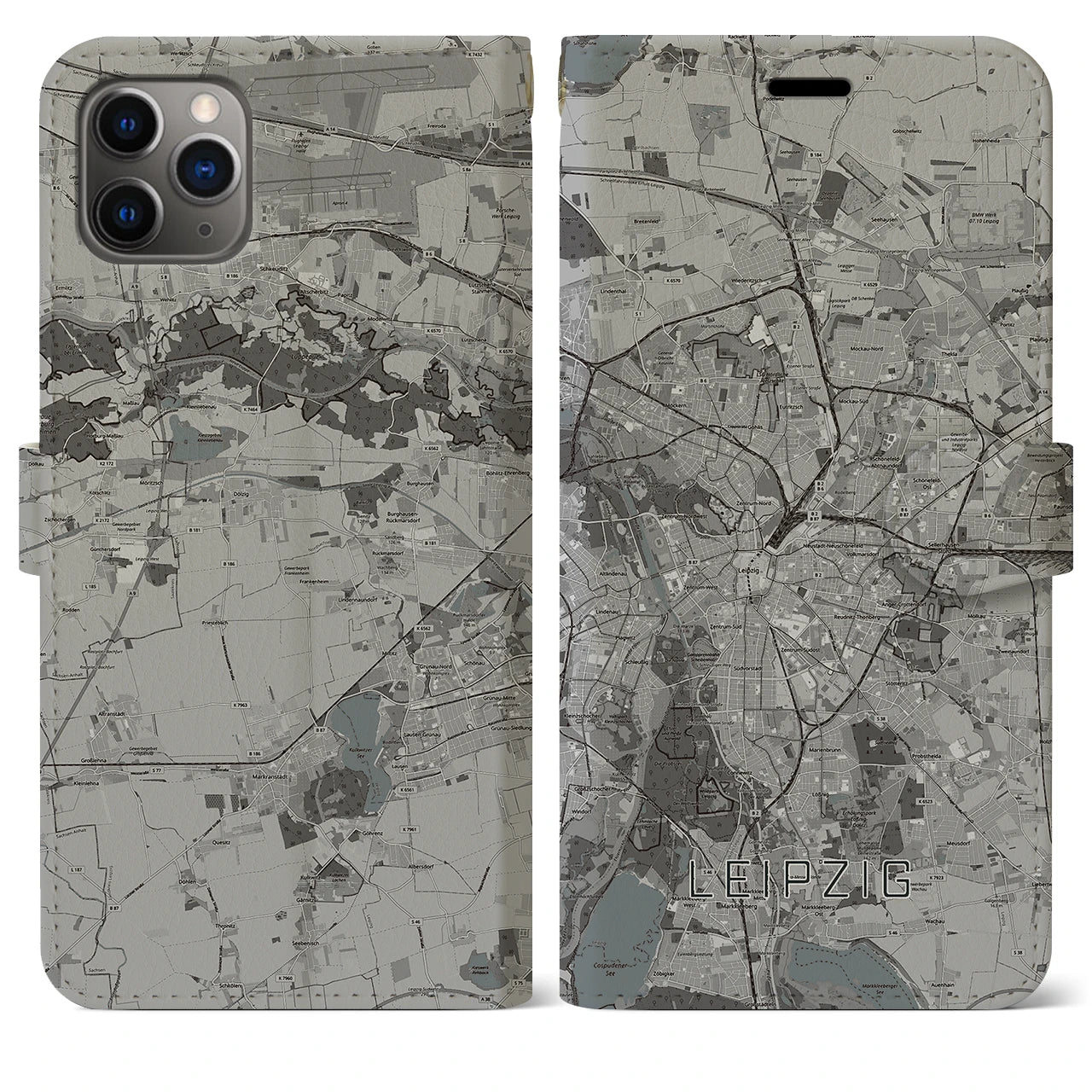 【ライプツィヒ(ドイツ)】地図柄iPhoneケース(手帳タイプ)モノトーン・iPhone 11 Pro Max 用