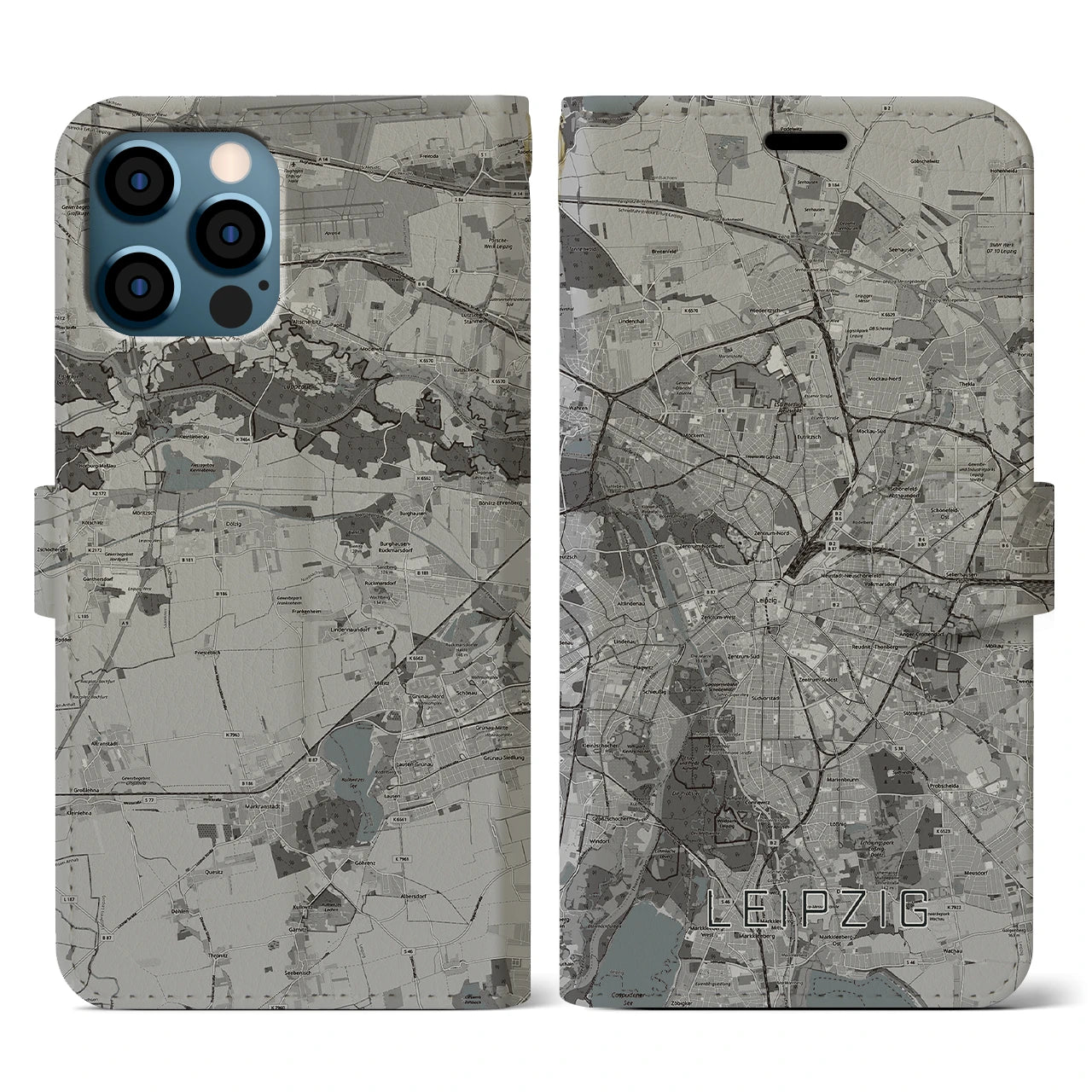 【ライプツィヒ(ドイツ)】地図柄iPhoneケース(手帳タイプ)モノトーン・iPhone 12 / 12 Pro 用