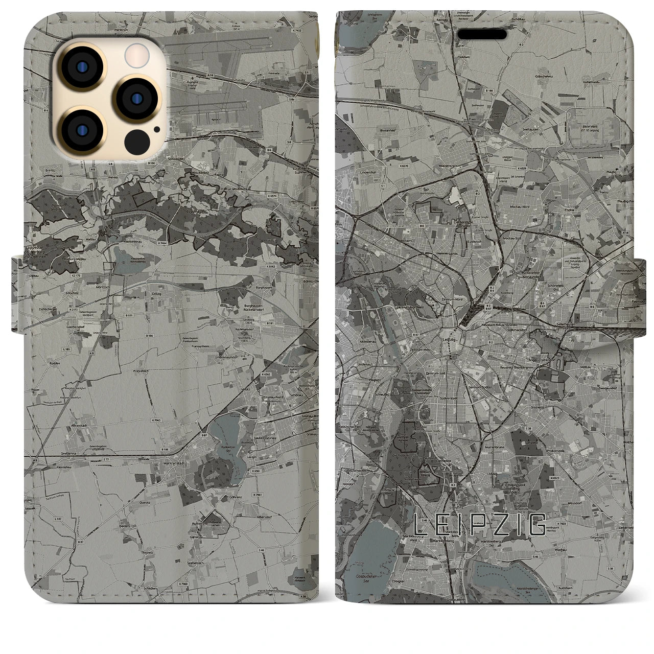 【ライプツィヒ(ドイツ)】地図柄iPhoneケース(手帳タイプ)モノトーン・iPhone 12 Pro Max 用