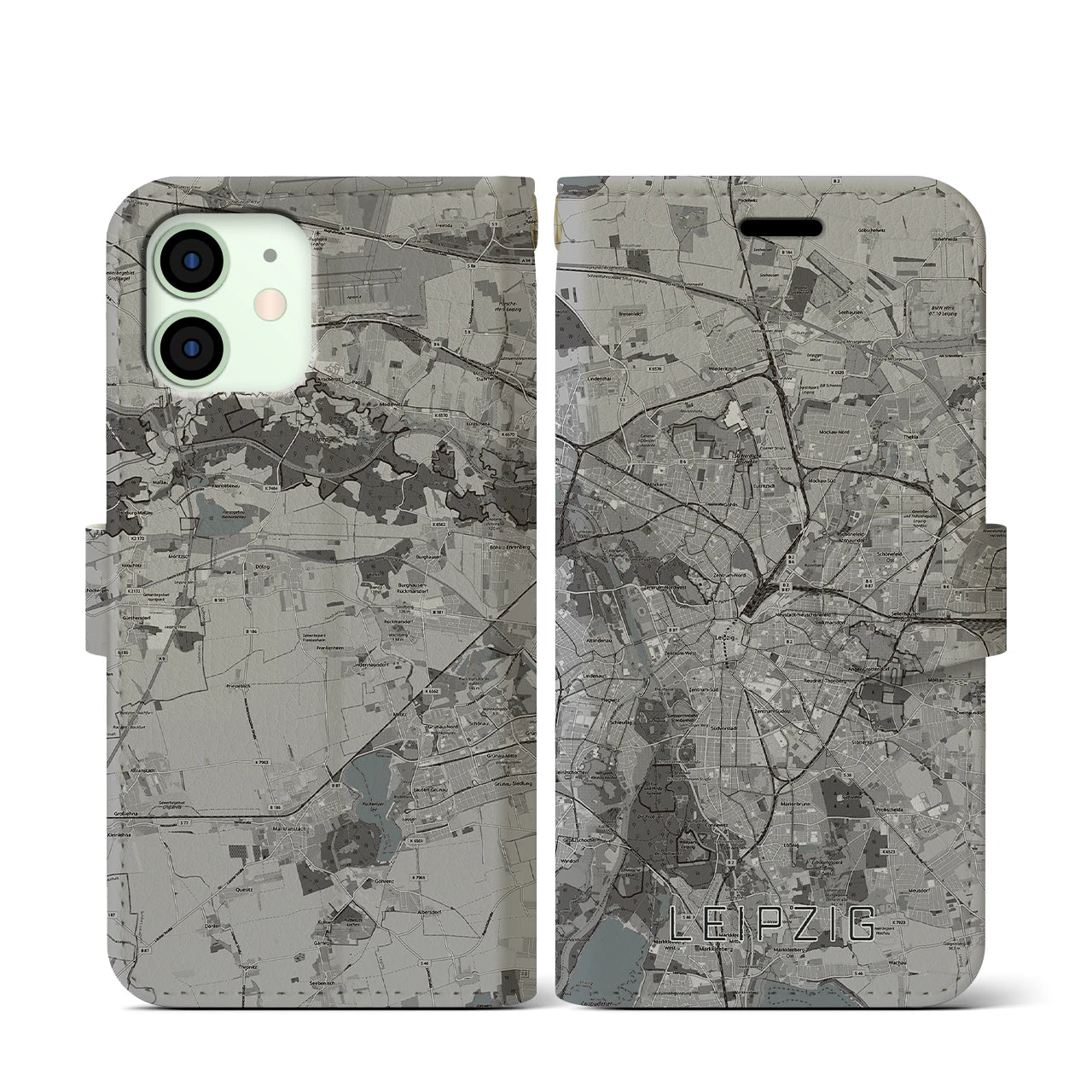 【ライプツィヒ(ドイツ)】地図柄iPhoneケース(手帳タイプ)モノトーン・iPhone 12 mini 用
