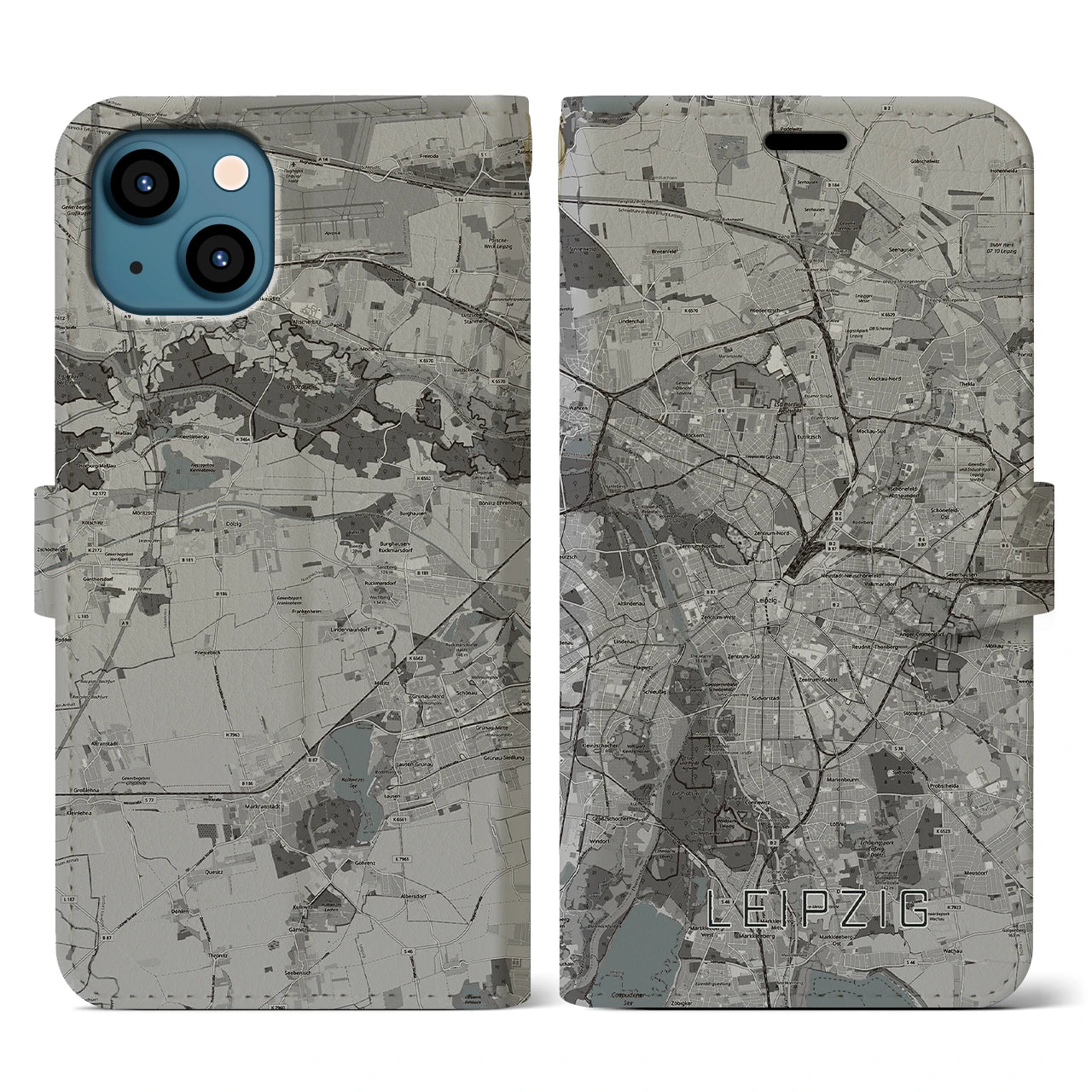 【ライプツィヒ(ドイツ)】地図柄iPhoneケース(手帳タイプ)モノトーン・iPhone 13 用