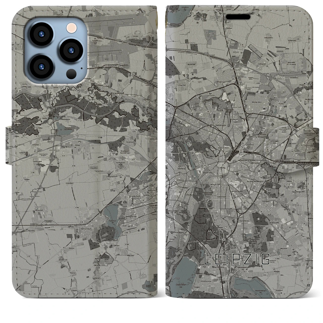 【ライプツィヒ(ドイツ)】地図柄iPhoneケース(手帳タイプ)モノトーン・iPhone 13 Pro Max 用