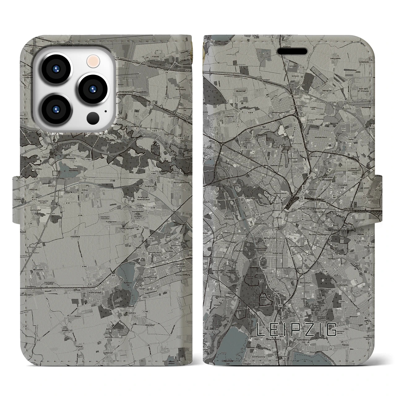 【ライプツィヒ(ドイツ)】地図柄iPhoneケース(手帳タイプ)モノトーン・iPhone 13 Pro 用
