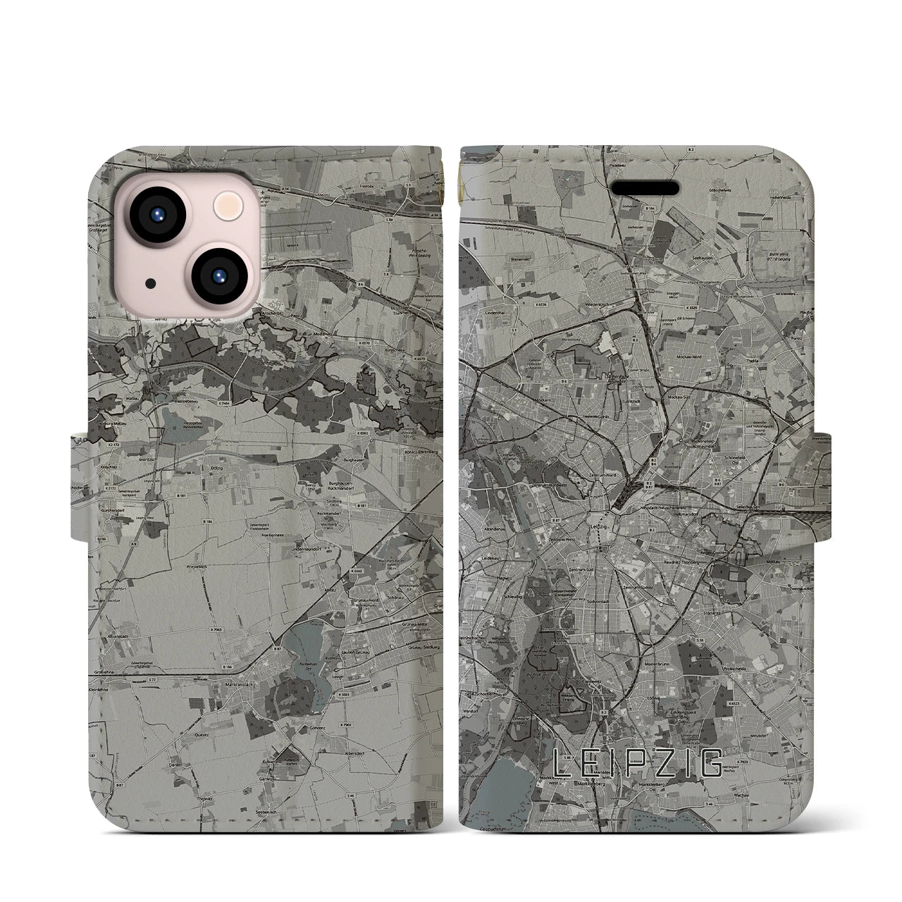 【ライプツィヒ(ドイツ)】地図柄iPhoneケース(手帳タイプ)モノトーン・iPhone 13 mini 用