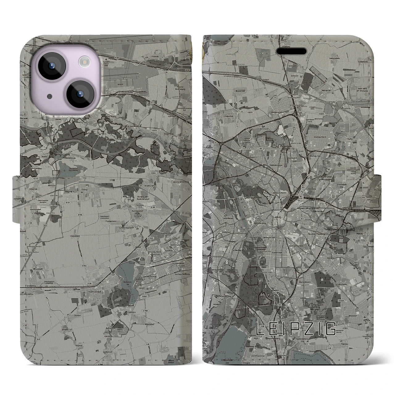 【ライプツィヒ(ドイツ)】地図柄iPhoneケース(手帳タイプ)モノトーン・iPhone 14 用