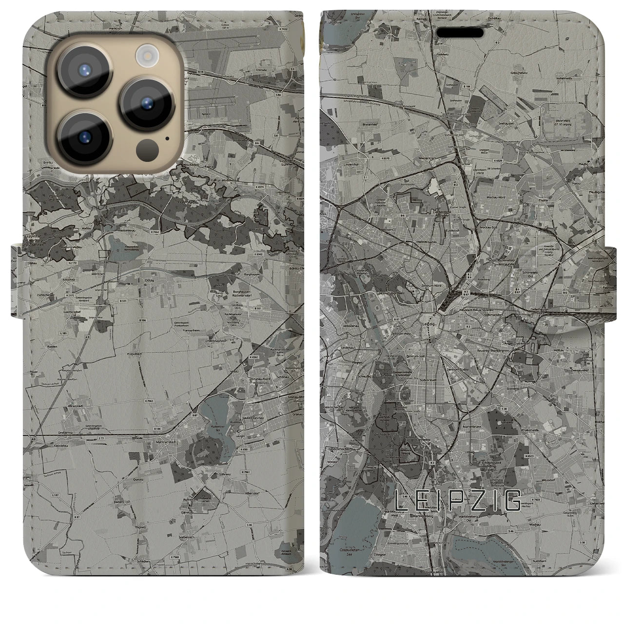 【ライプツィヒ(ドイツ)】地図柄iPhoneケース(手帳タイプ)モノトーン・iPhone 14 Pro Max 用