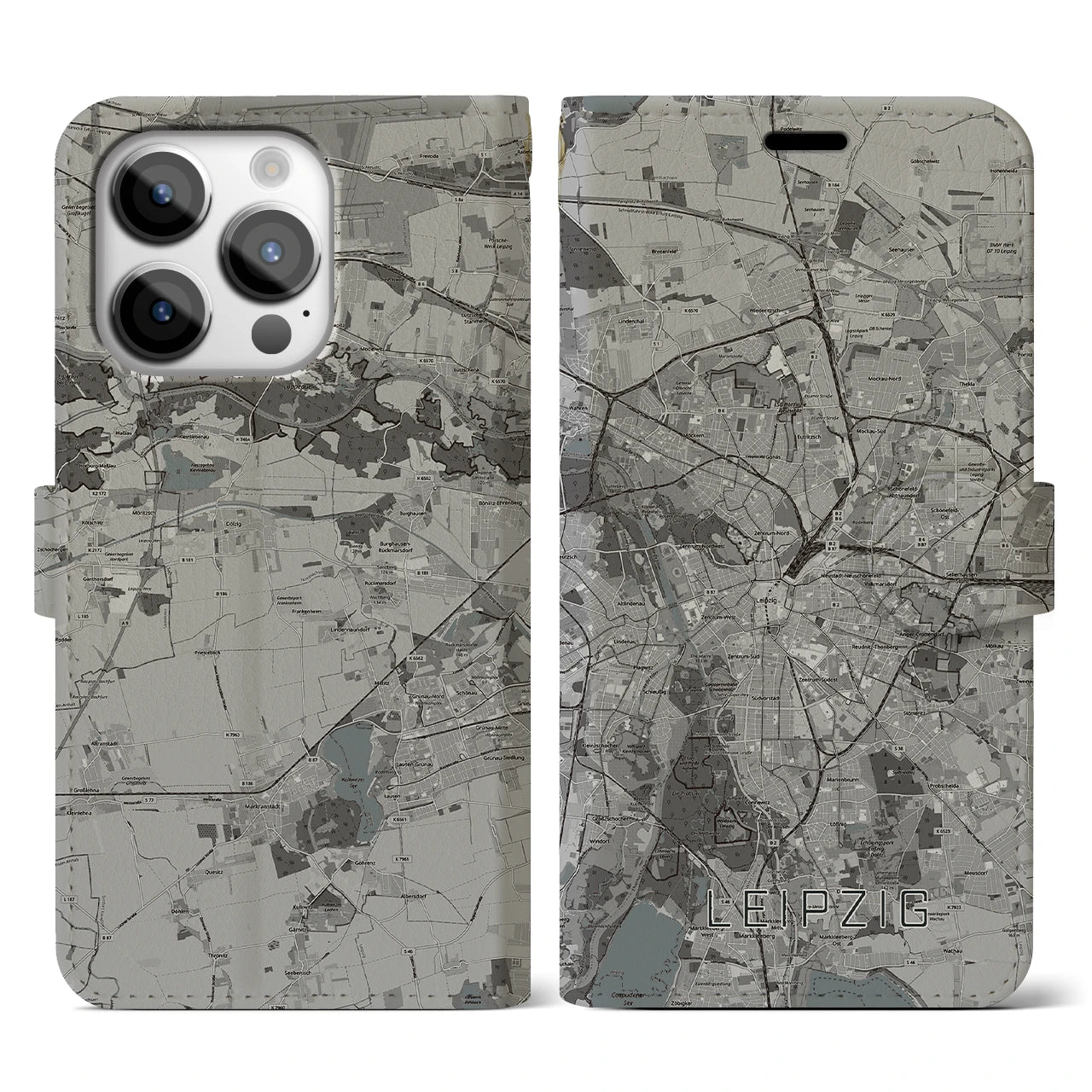 【ライプツィヒ(ドイツ)】地図柄iPhoneケース(手帳タイプ)モノトーン・iPhone 14 Pro 用