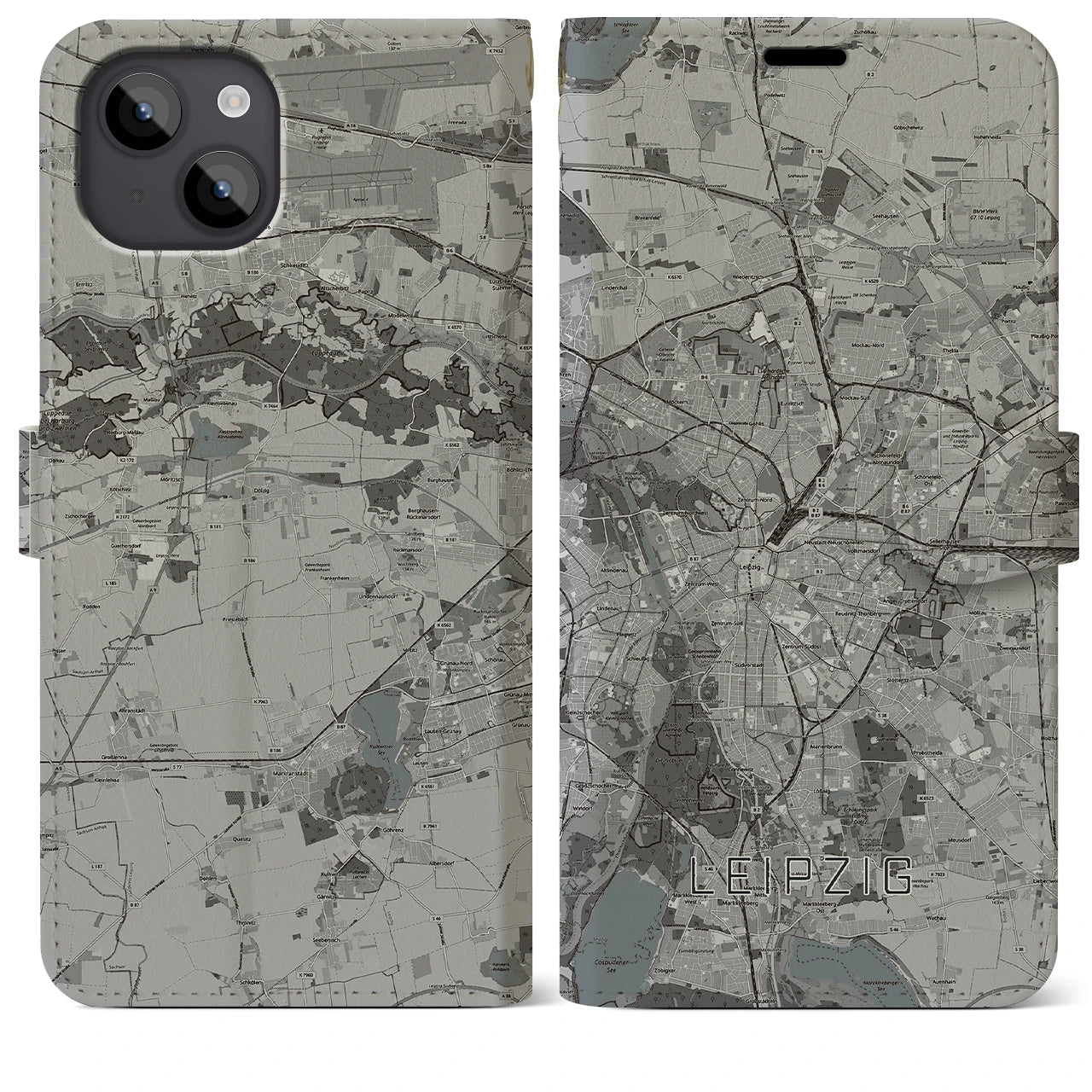 【ライプツィヒ(ドイツ)】地図柄iPhoneケース(手帳タイプ)モノトーン・iPhone 14 Plus 用