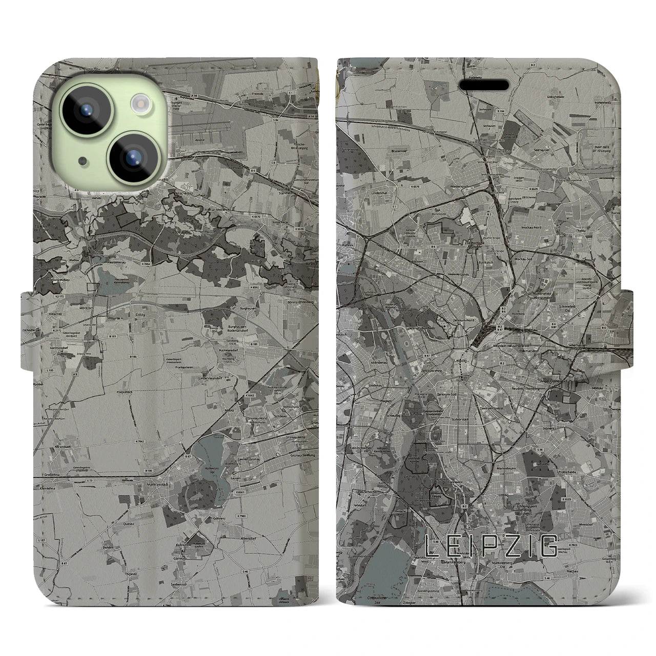 【ライプツィヒ(ドイツ)】地図柄iPhoneケース(手帳タイプ)モノトーン・iPhone 15 用