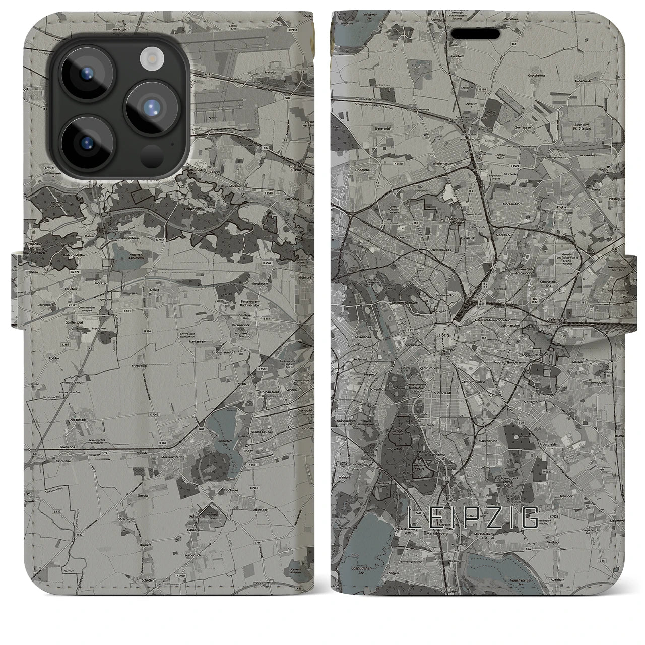 【ライプツィヒ(ドイツ)】地図柄iPhoneケース(手帳タイプ)モノトーン・iPhone 15 Pro Max 用