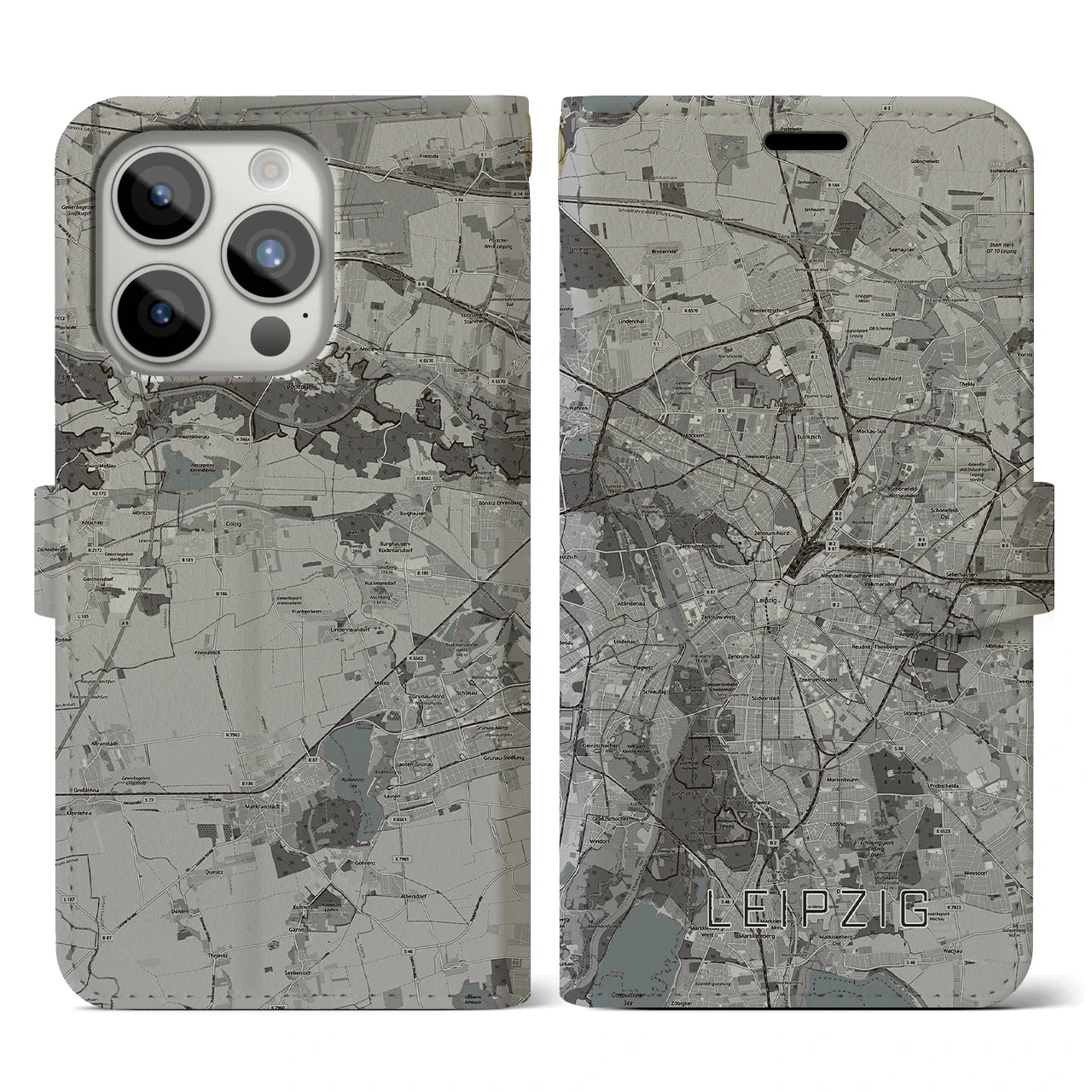 【ライプツィヒ(ドイツ)】地図柄iPhoneケース(手帳タイプ)モノトーン・iPhone 15 Pro 用