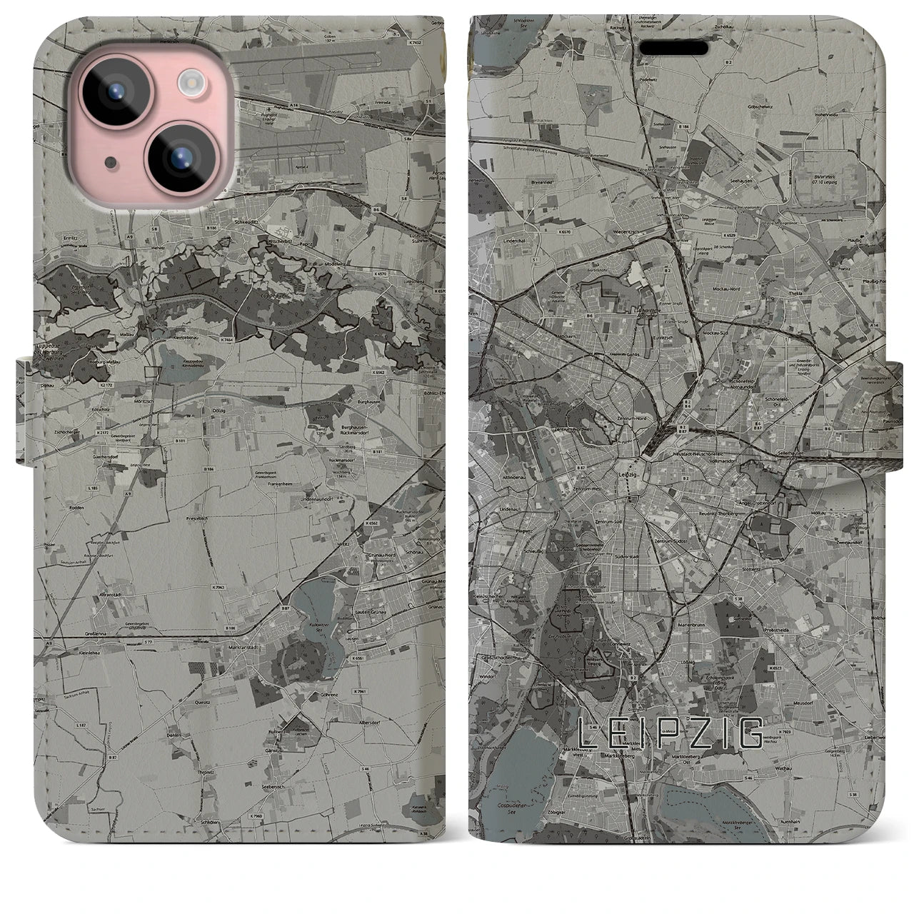 【ライプツィヒ(ドイツ)】地図柄iPhoneケース(手帳タイプ)モノトーン・iPhone 15 Plus 用