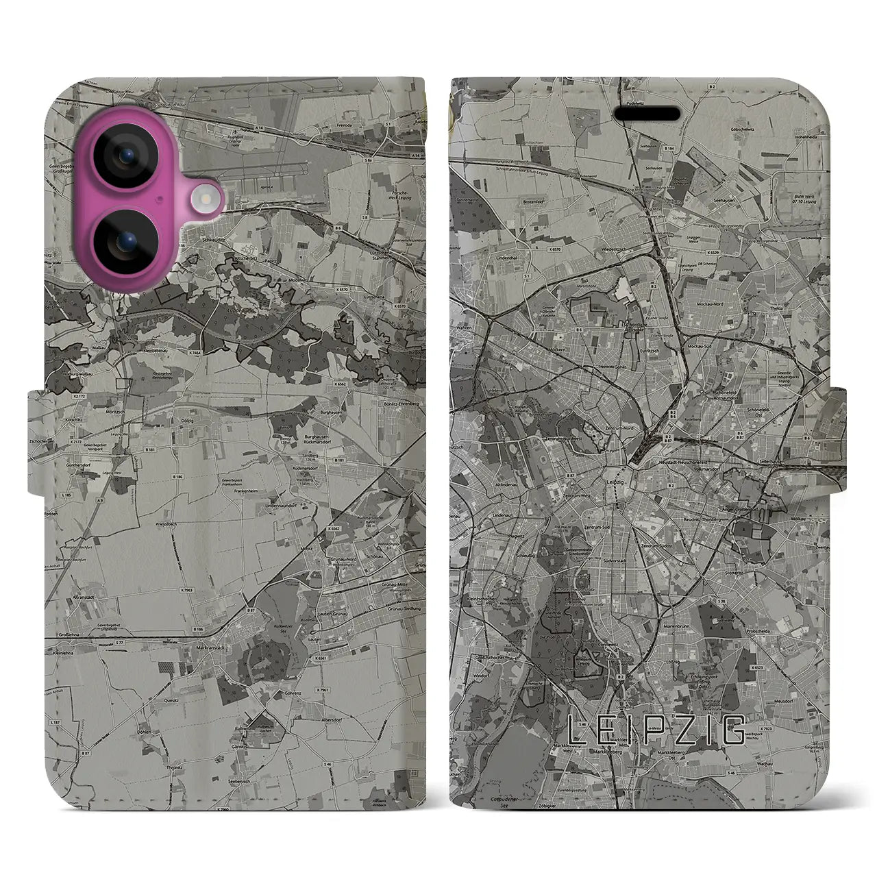 【ライプツィヒ(ドイツ)】地図柄iPhoneケース(手帳タイプ)モノトーン・iPhone 16 Pro 用