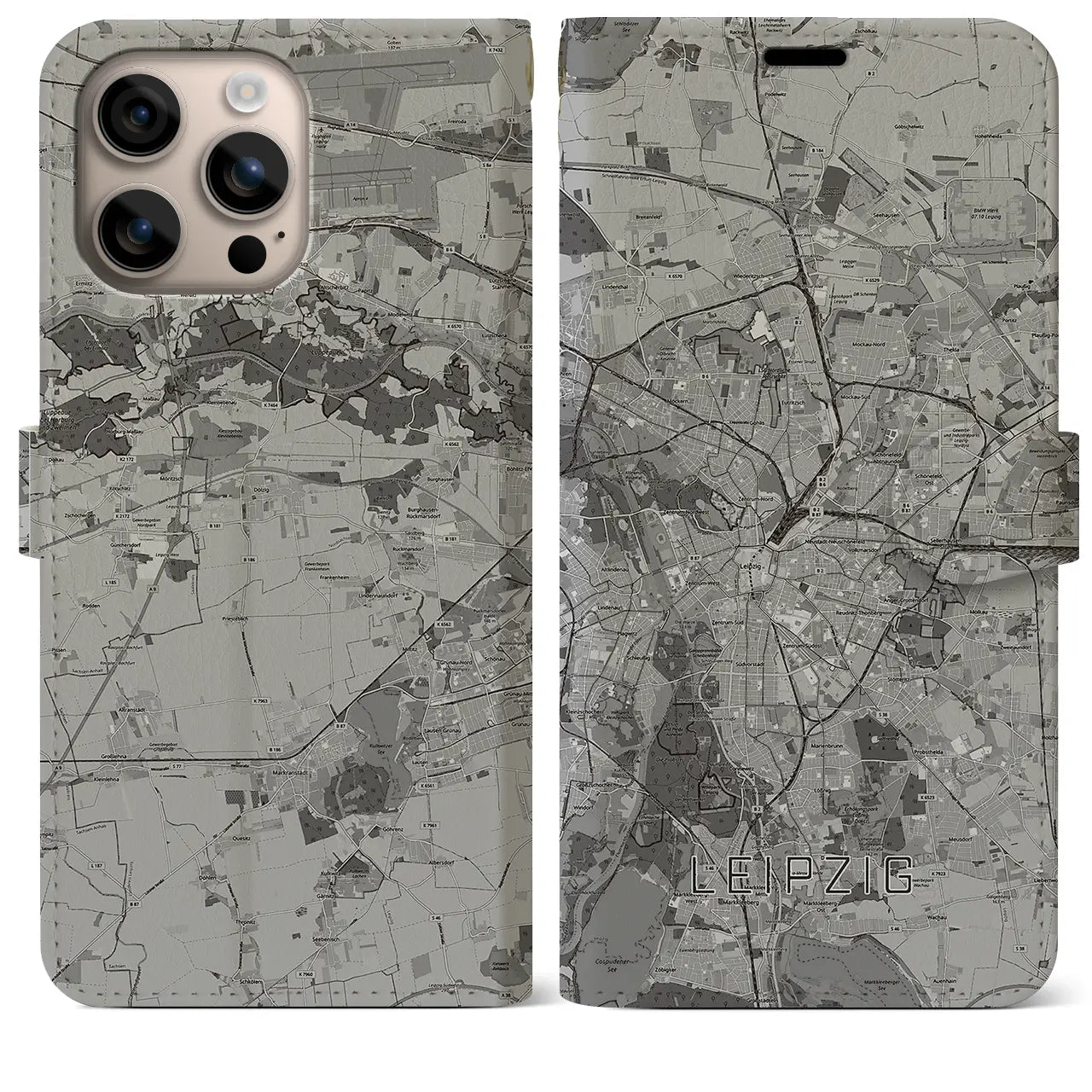 【ライプツィヒ(ドイツ)】地図柄iPhoneケース(手帳タイプ)モノトーン・iPhone 16 Plus 用