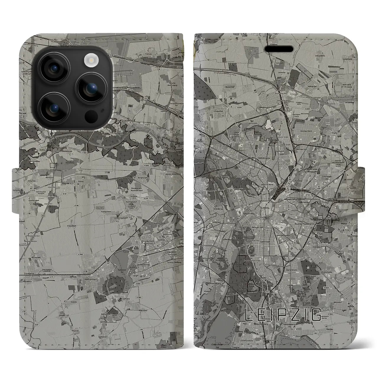 【ライプツィヒ(ドイツ)】地図柄iPhoneケース(手帳タイプ)モノトーン・iPhone 16 用