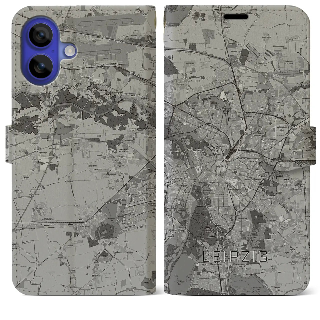 【ライプツィヒ(ドイツ)】地図柄iPhoneケース(手帳タイプ)モノトーン・iPhone 16 Pro Max 用