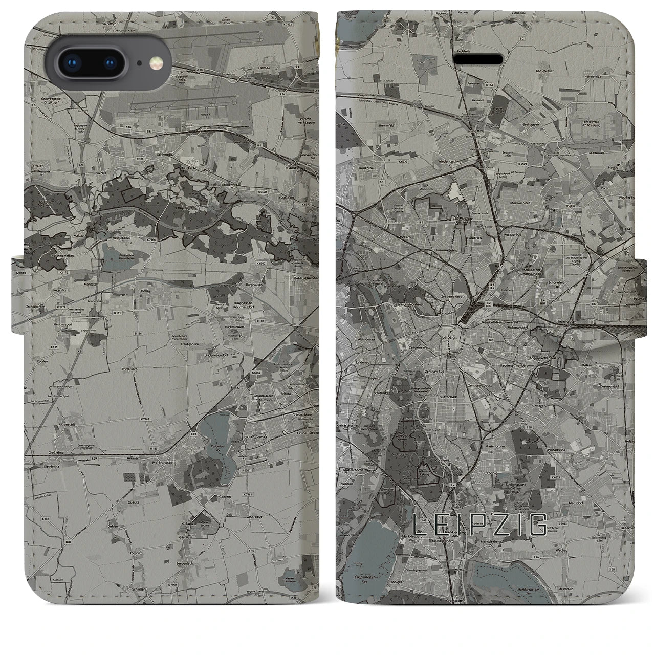 【ライプツィヒ(ドイツ)】地図柄iPhoneケース(手帳タイプ)モノトーン・iPhone 8Plus /7Plus / 6sPlus / 6Plus 用