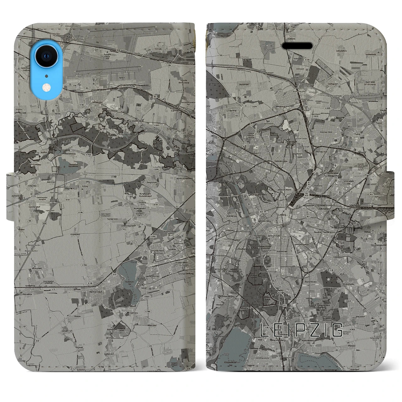 【ライプツィヒ(ドイツ)】地図柄iPhoneケース(手帳タイプ)モノトーン・iPhone XR 用