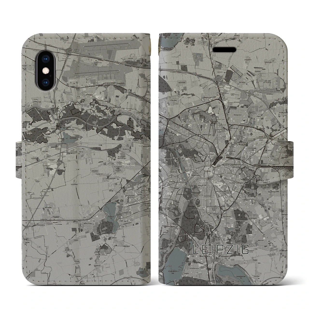 【ライプツィヒ(ドイツ)】地図柄iPhoneケース(手帳タイプ)モノトーン・iPhone XS / X 用
