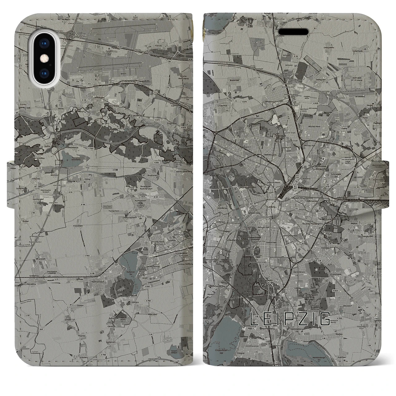【ライプツィヒ(ドイツ)】地図柄iPhoneケース(手帳タイプ)モノトーン・iPhone XS Max 用