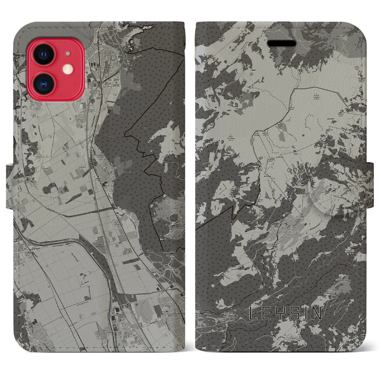 【レザン(スイス)】地図柄iPhoneケース(手帳タイプ)モノトーン・iPhone 11 用