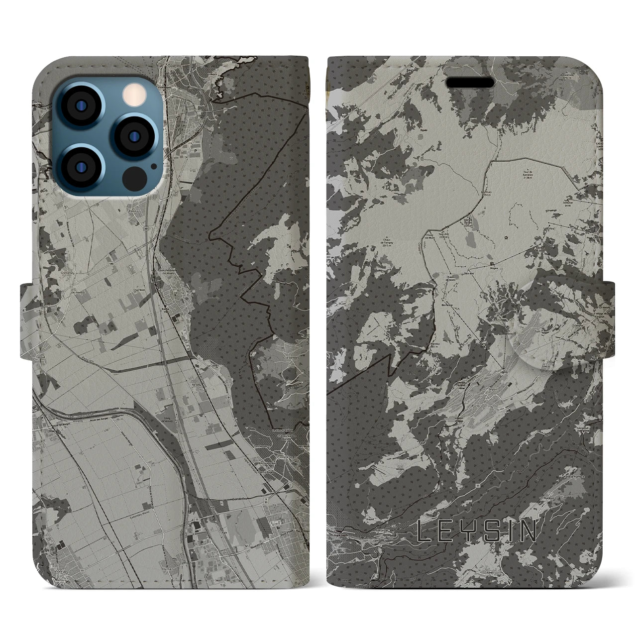 【レザン(スイス)】地図柄iPhoneケース(手帳タイプ)モノトーン・iPhone 12 / 12 Pro 用