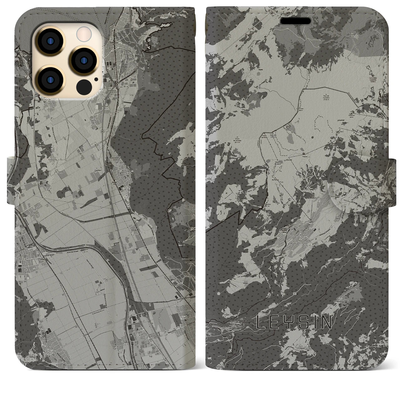 【レザン(スイス)】地図柄iPhoneケース(手帳タイプ)モノトーン・iPhone 12 Pro Max 用