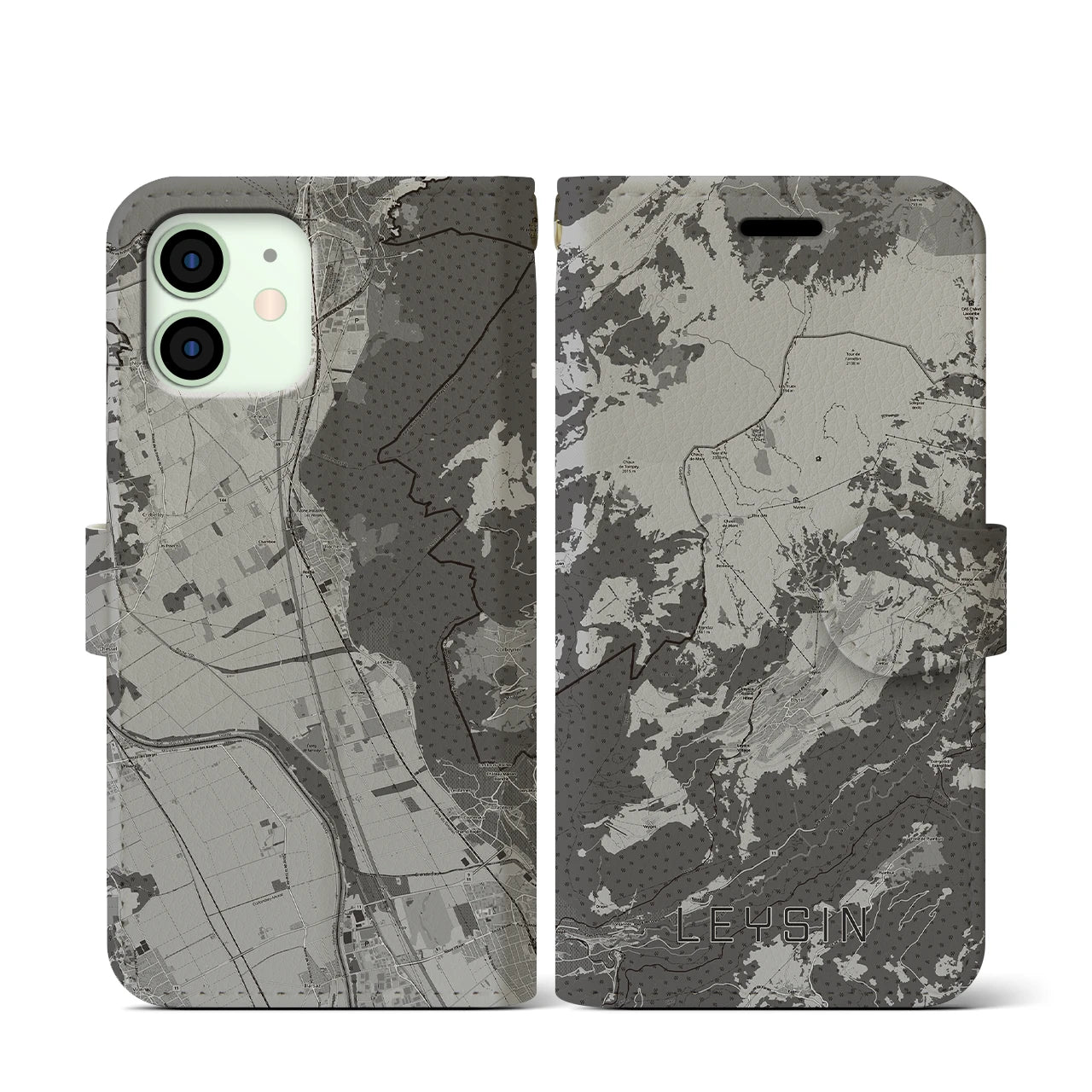 【レザン(スイス)】地図柄iPhoneケース(手帳タイプ)モノトーン・iPhone 12 mini 用