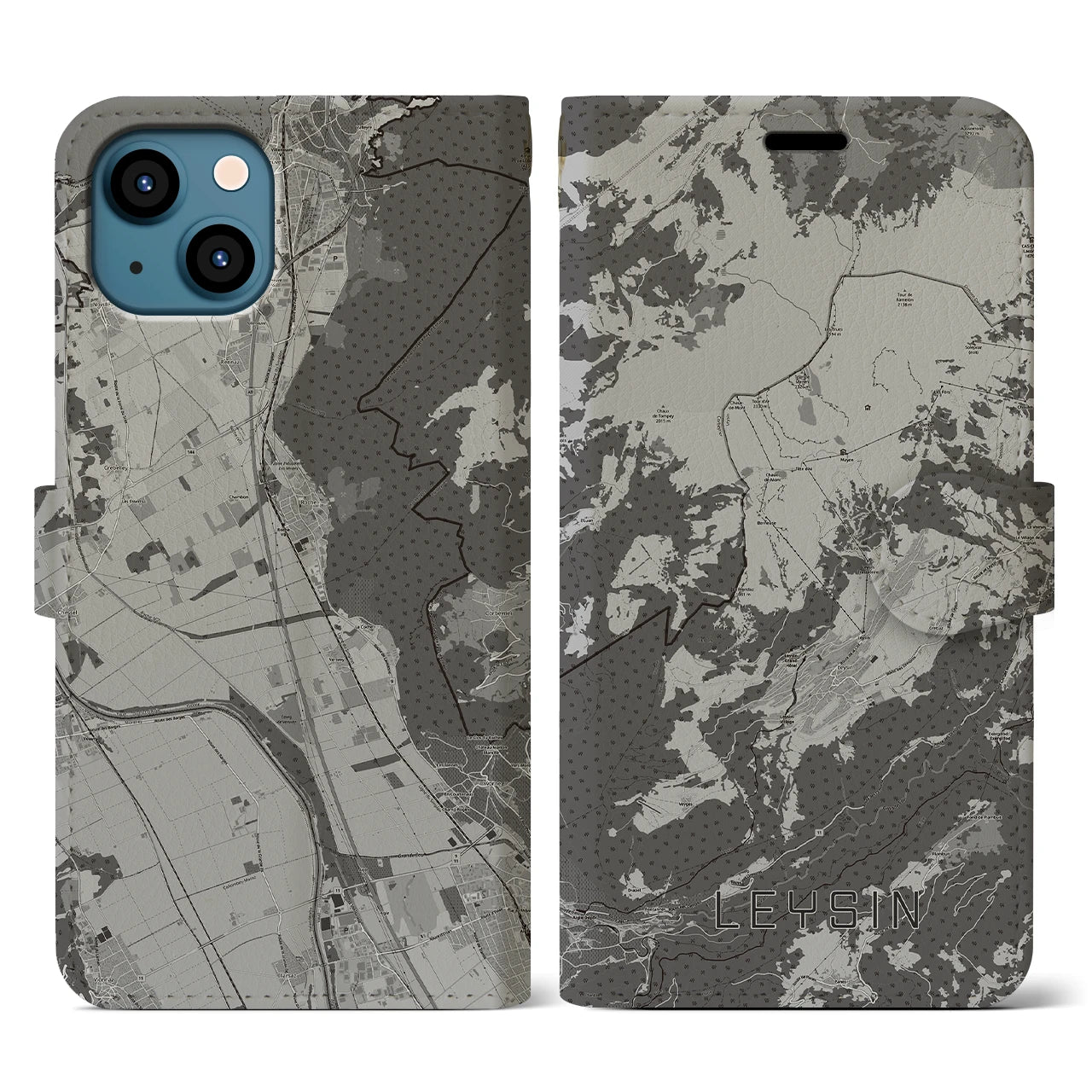 【レザン(スイス)】地図柄iPhoneケース(手帳タイプ)モノトーン・iPhone 13 用