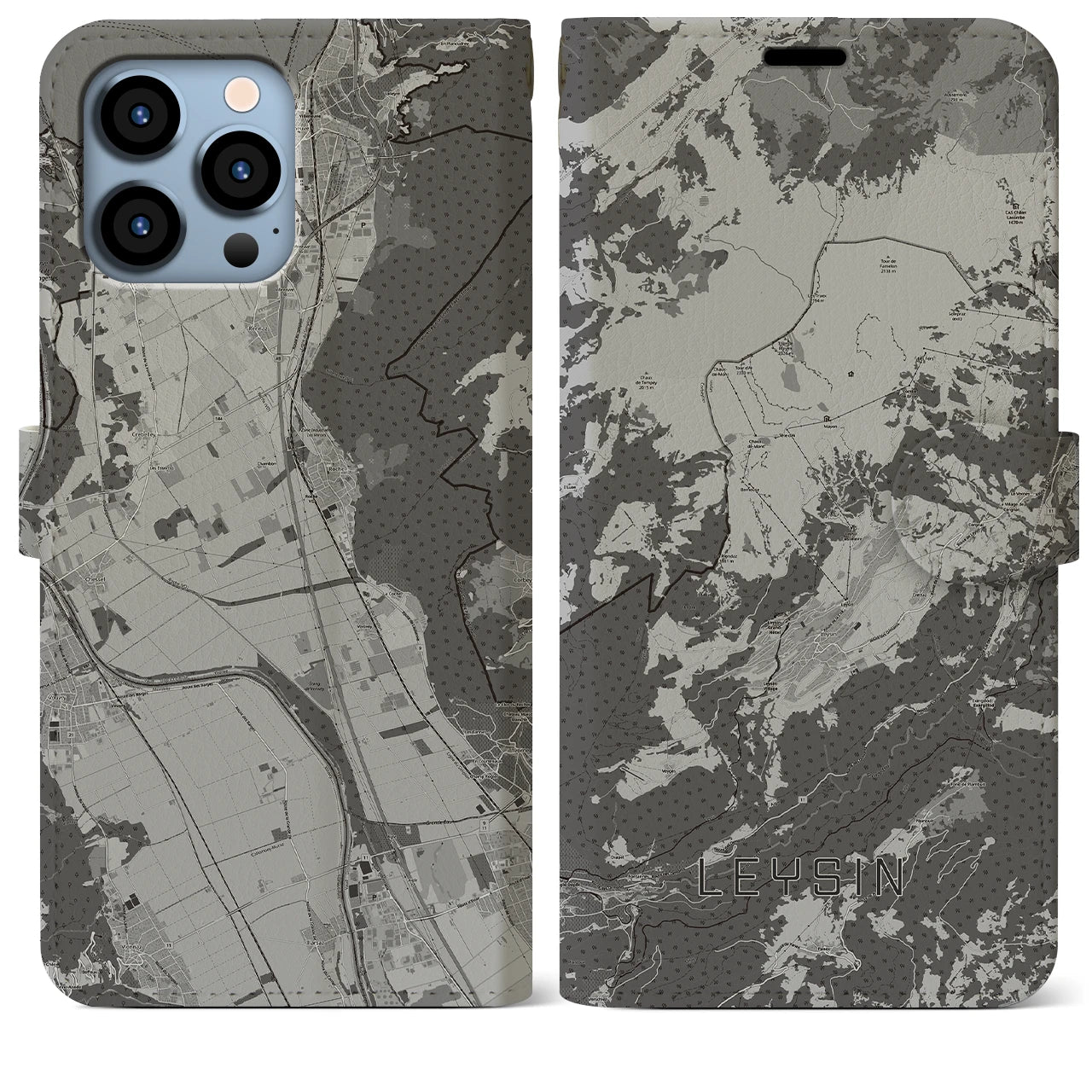 【レザン(スイス)】地図柄iPhoneケース(手帳タイプ)モノトーン・iPhone 13 Pro Max 用