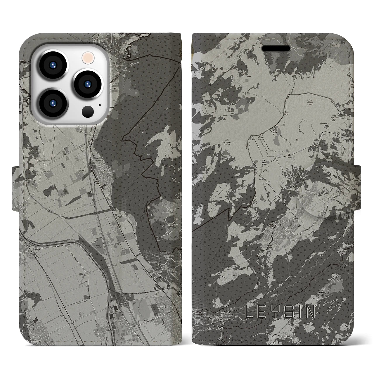 【レザン(スイス)】地図柄iPhoneケース(手帳タイプ)モノトーン・iPhone 13 Pro 用