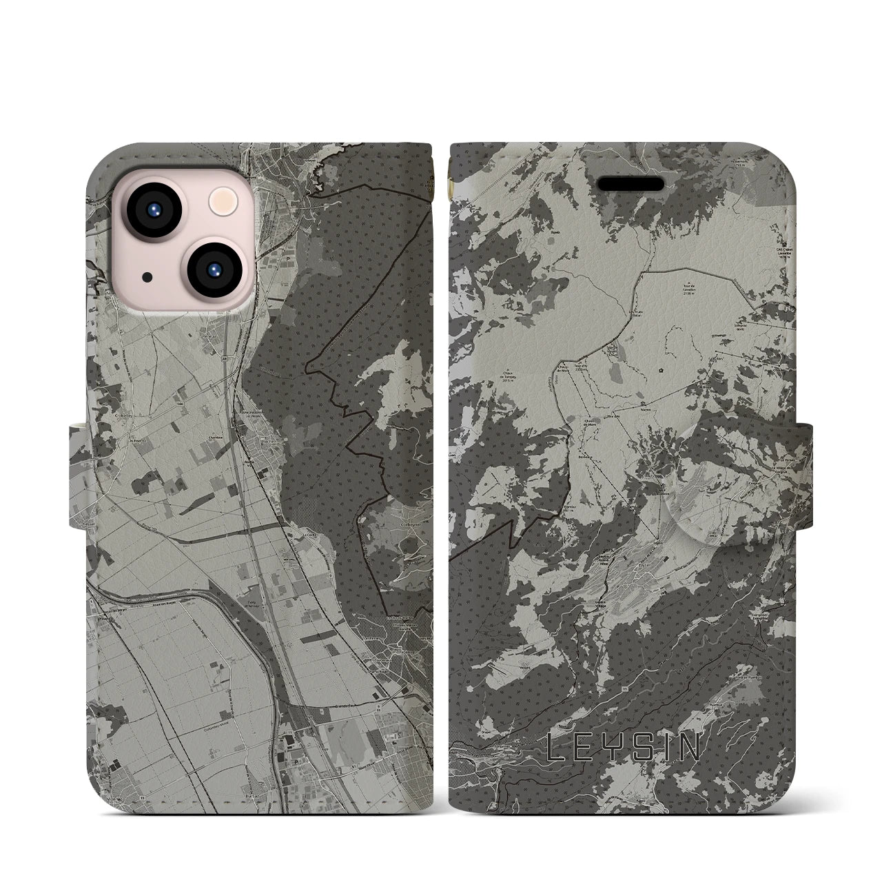 【レザン(スイス)】地図柄iPhoneケース(手帳タイプ)モノトーン・iPhone 13 mini 用