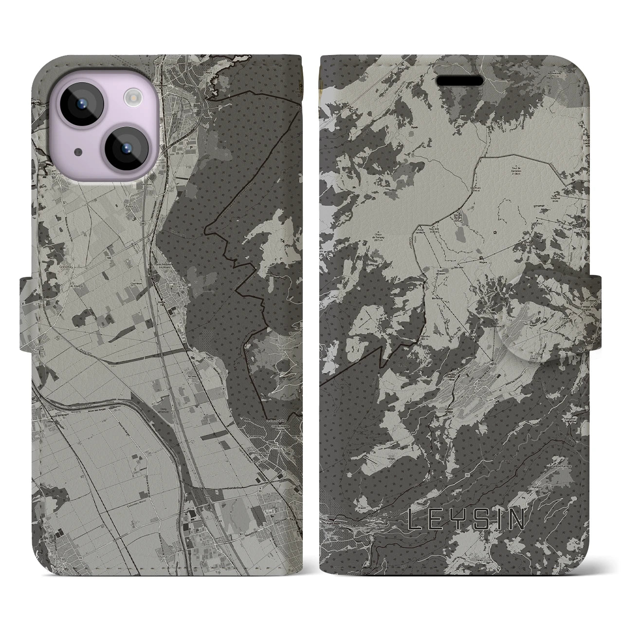 【レザン(スイス)】地図柄iPhoneケース(手帳タイプ)モノトーン・iPhone 14 用