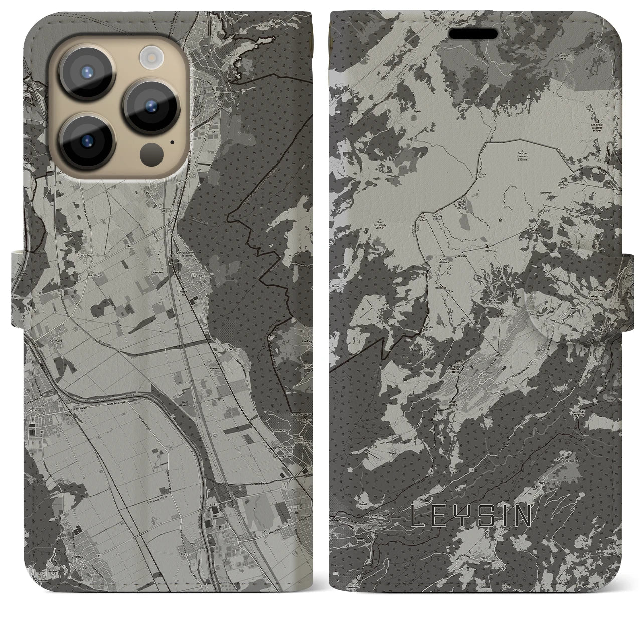 【レザン(スイス)】地図柄iPhoneケース(手帳タイプ)モノトーン・iPhone 14 Pro Max 用