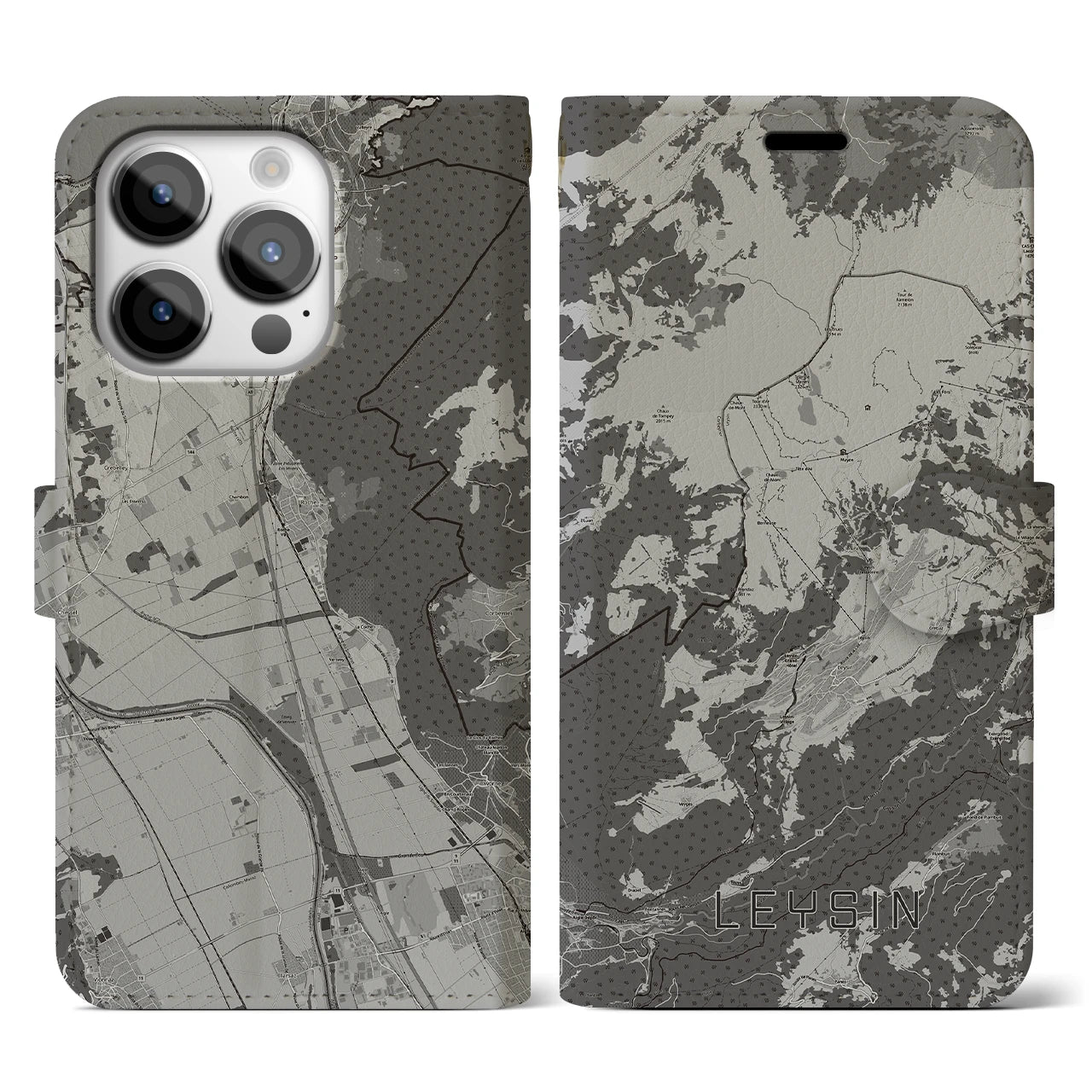 【レザン(スイス)】地図柄iPhoneケース(手帳タイプ)モノトーン・iPhone 14 Pro 用