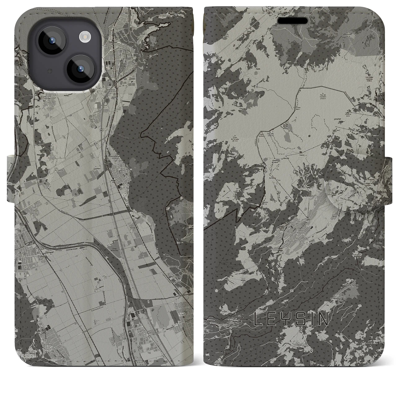 【レザン(スイス)】地図柄iPhoneケース(手帳タイプ)モノトーン・iPhone 14 Plus 用