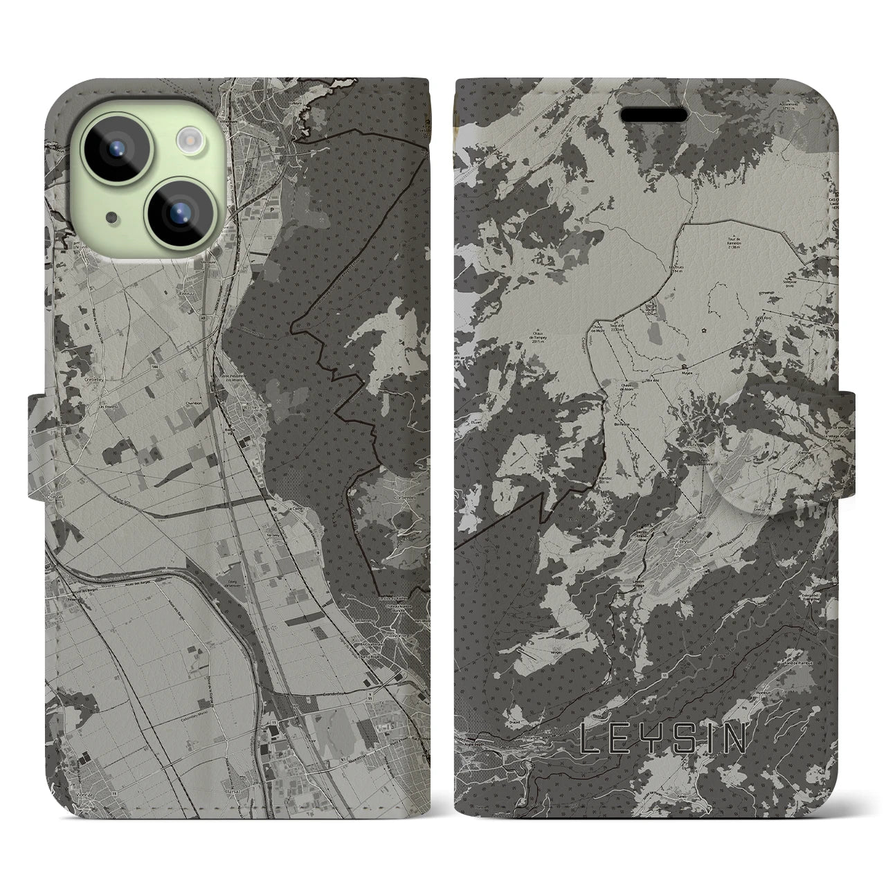 【レザン(スイス)】地図柄iPhoneケース(手帳タイプ)モノトーン・iPhone 15 用